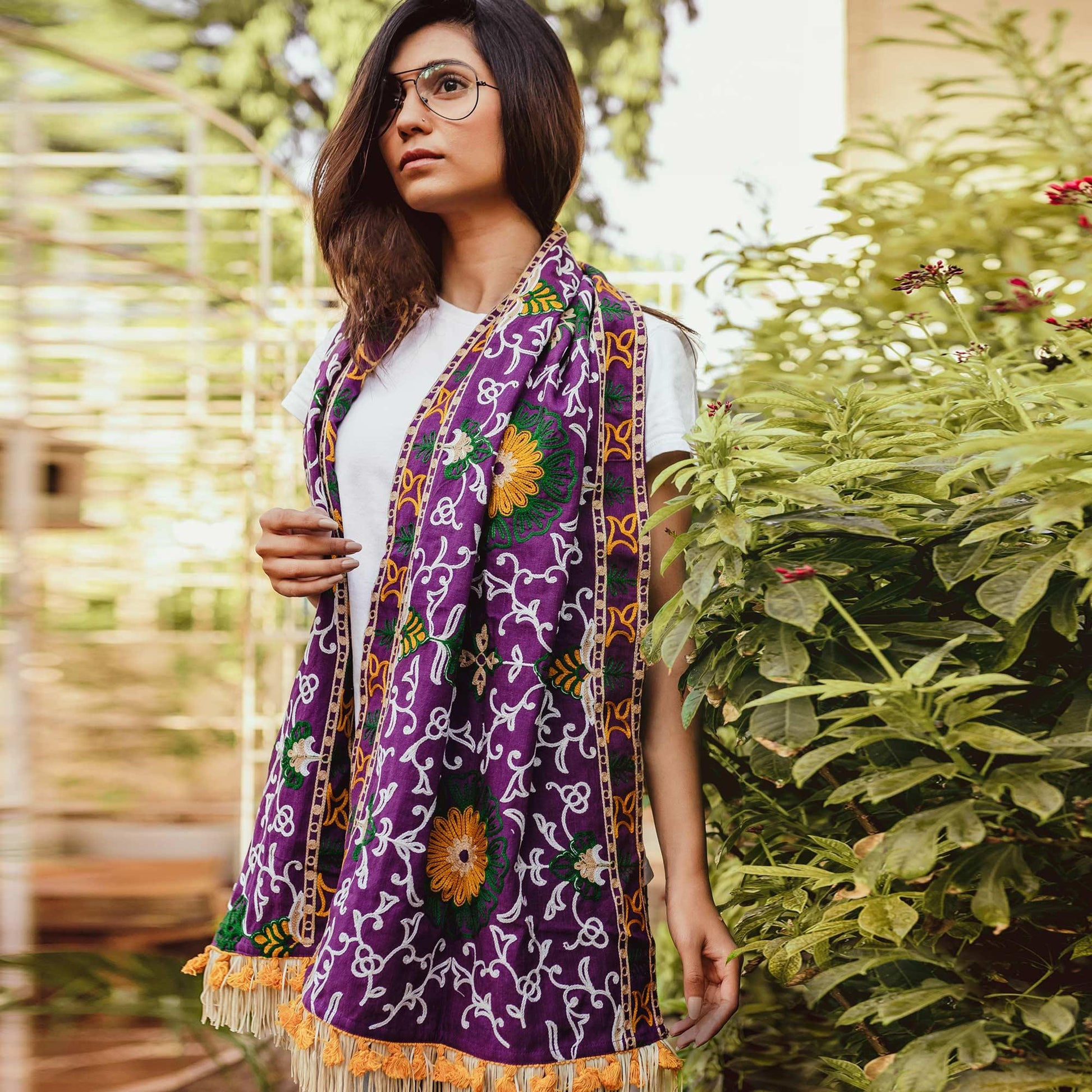 Delightful Purple Colored Embroidered Khadi Muffler Stole