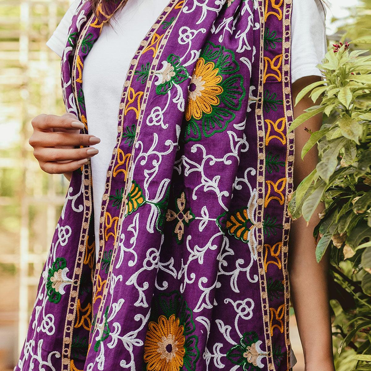 Delightful Purple Colored Embroidered Khadi Muffler Stole
