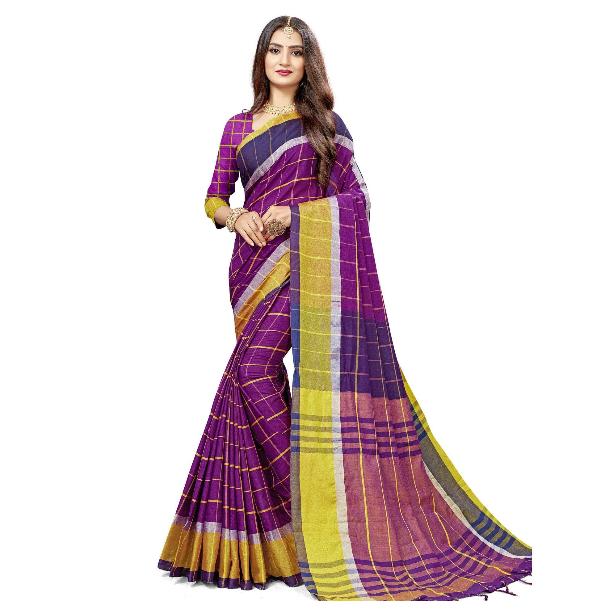 Delightful Purple Colored Festive Wear Stripe Printed Cotton Silk Saree With Tassels