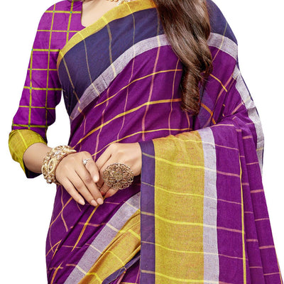 Delightful Purple Colored Festive Wear Stripe Printed Cotton Silk Saree With Tassels