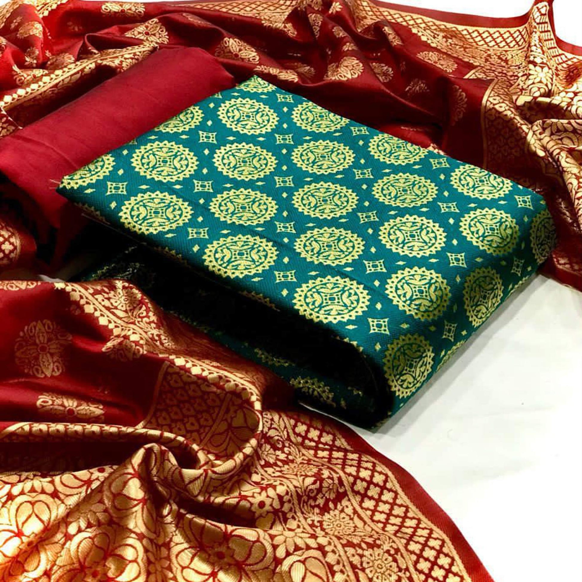 Delightful Rama Colored Casual Wear Banarasi Silk Dress Material