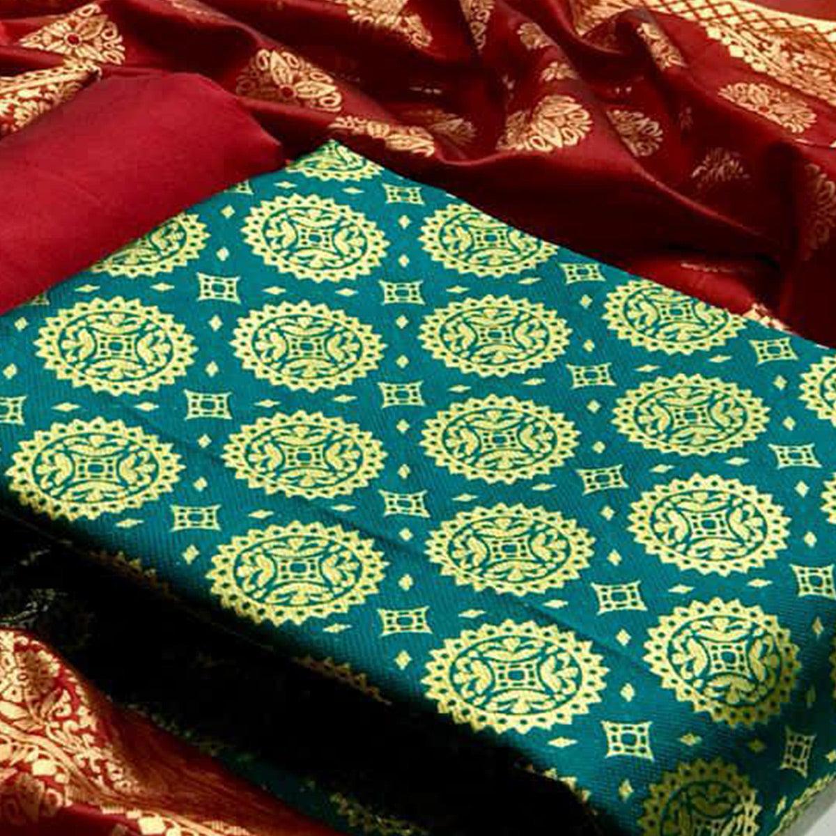 Delightful Rama Colored Casual Wear Banarasi Silk Dress Material