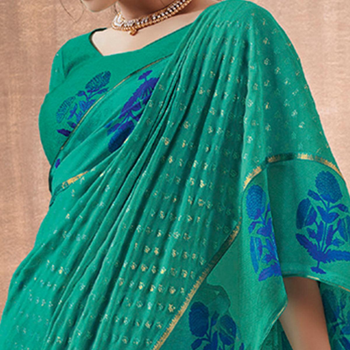Delightful Rama Green Colored Festive Wear Foil Printed Georgette Saree