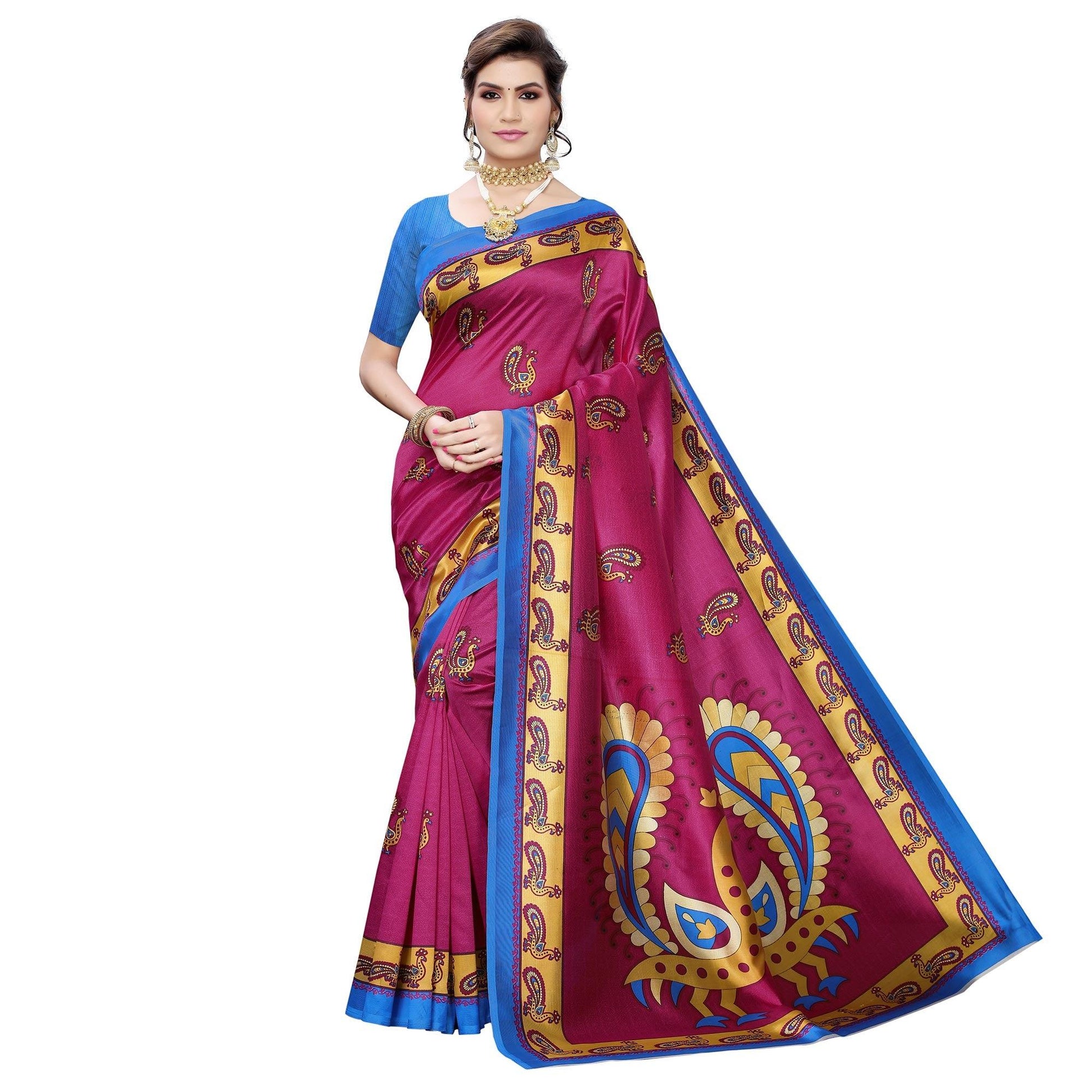 Delightful Rani Pink Colored Casual Wear Peacock Printed Art Silk Saree