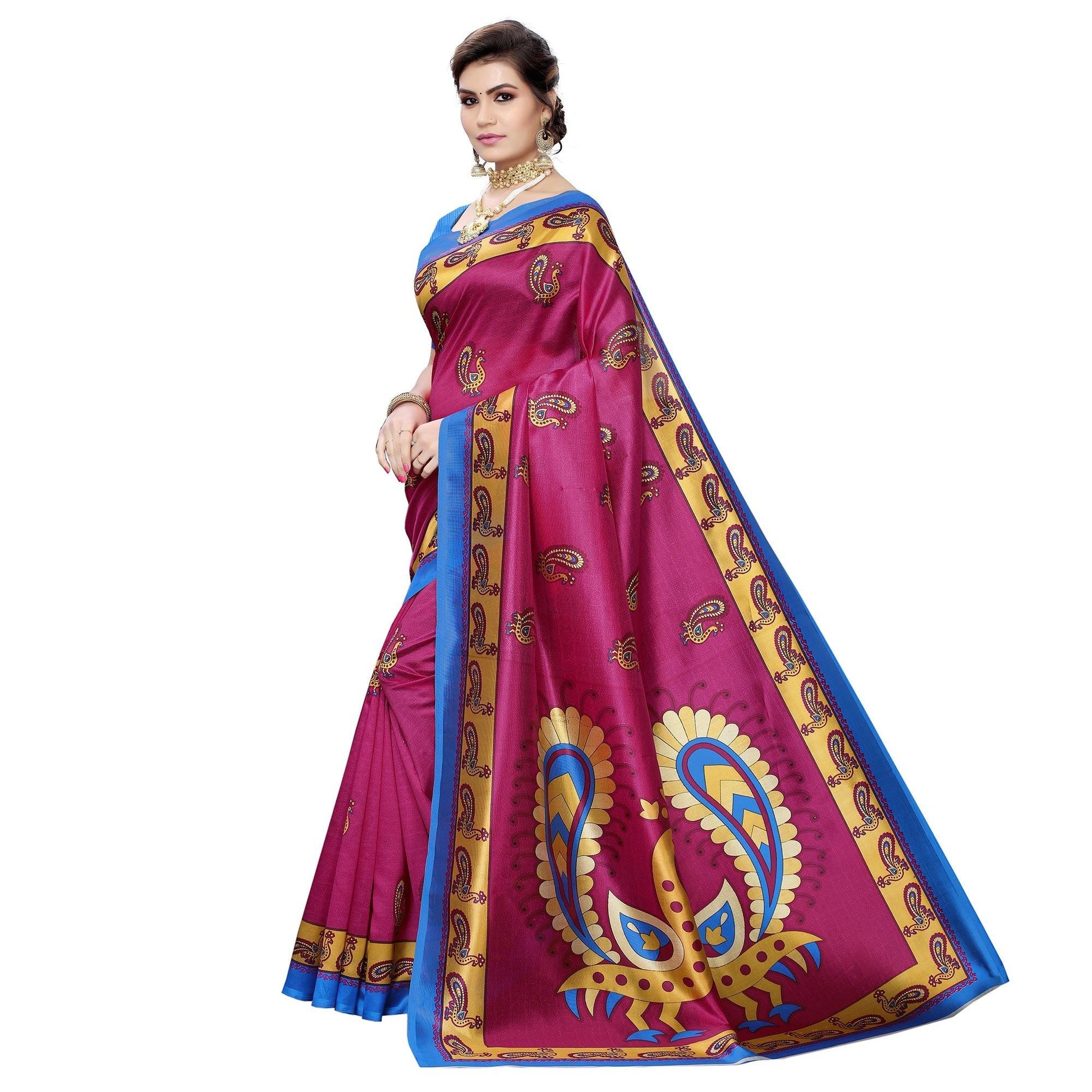 Delightful Rani Pink Colored Casual Wear Peacock Printed Art Silk Saree