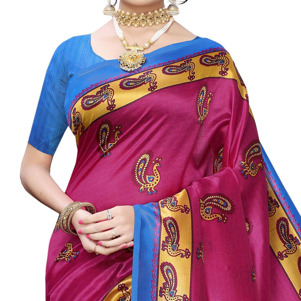 Delightful Rani Pink Colored Casual Wear Peacock Printed Art Silk Saree