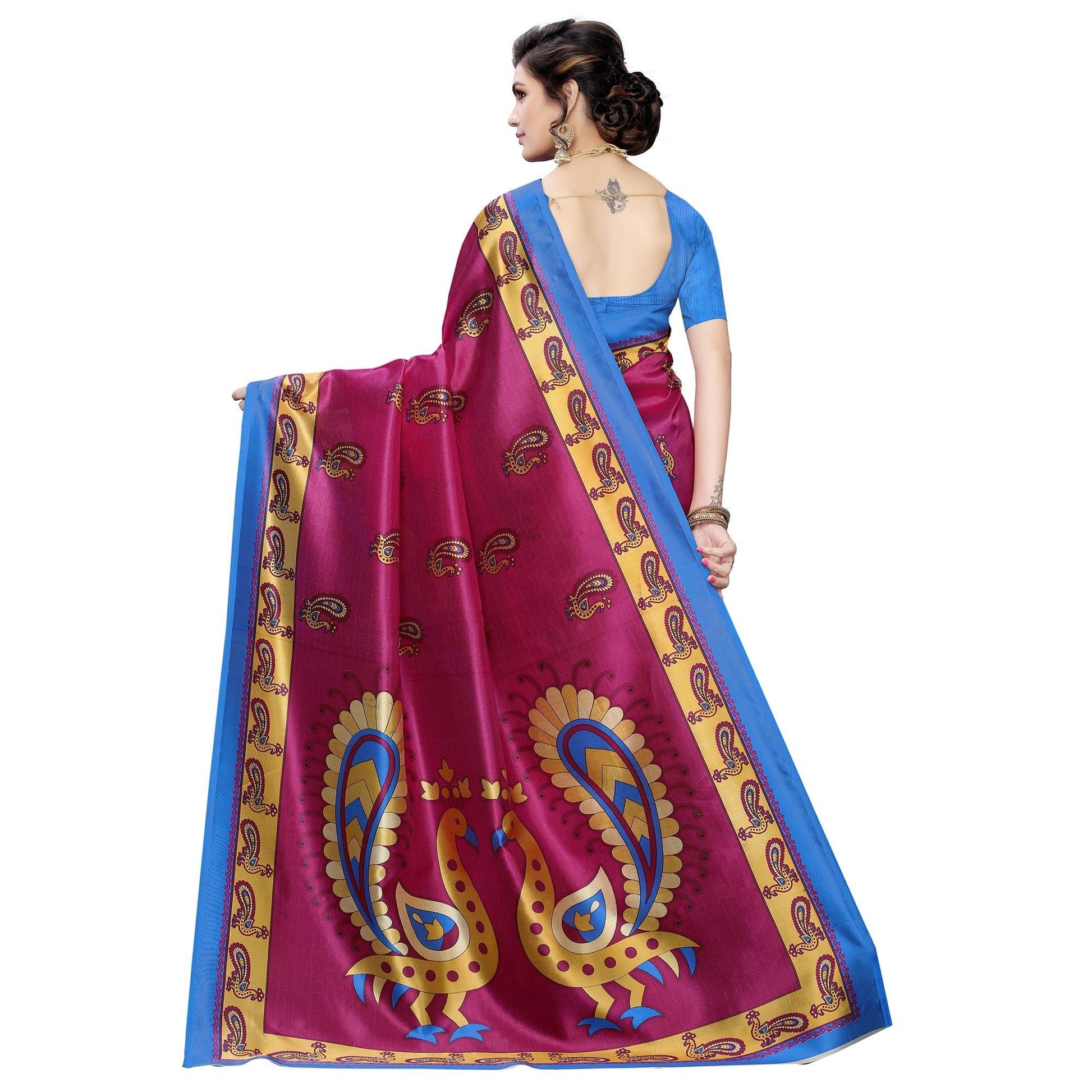 Delightful Rani Pink Colored Casual Wear Peacock Printed Art Silk Saree