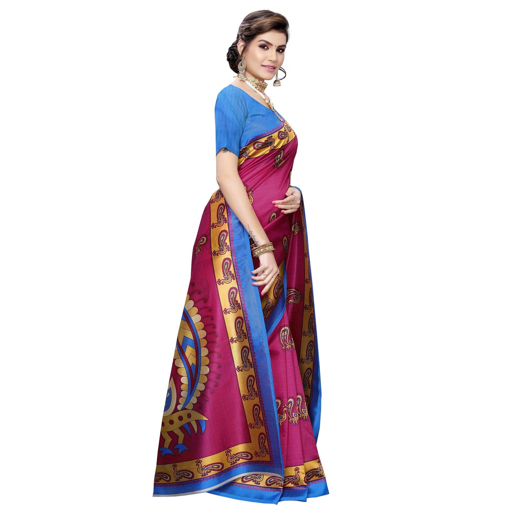 Delightful Rani Pink Colored Casual Wear Peacock Printed Art Silk Saree