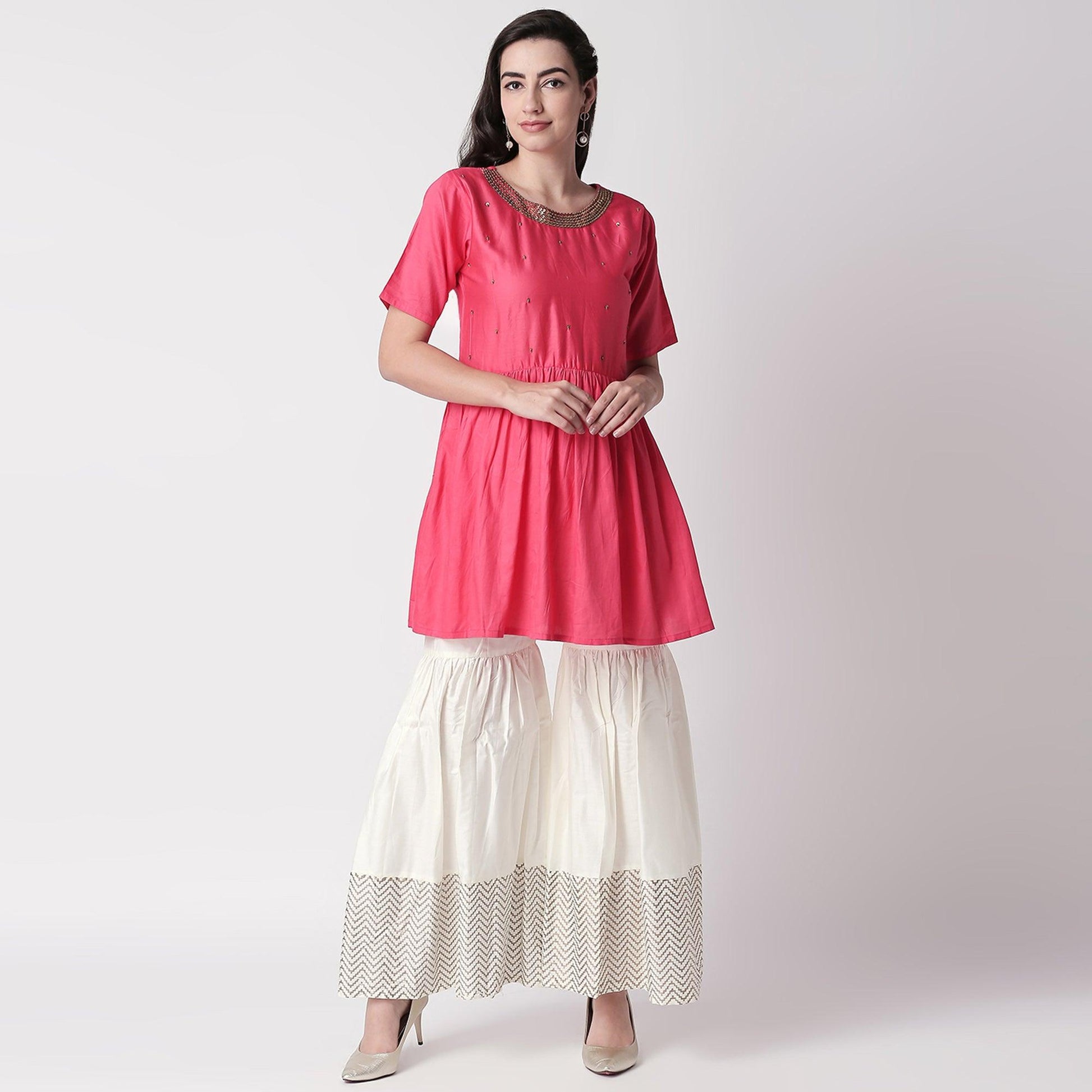 Delightful Red Colored Casual Embroidered Silk Kurti-Sharara Set