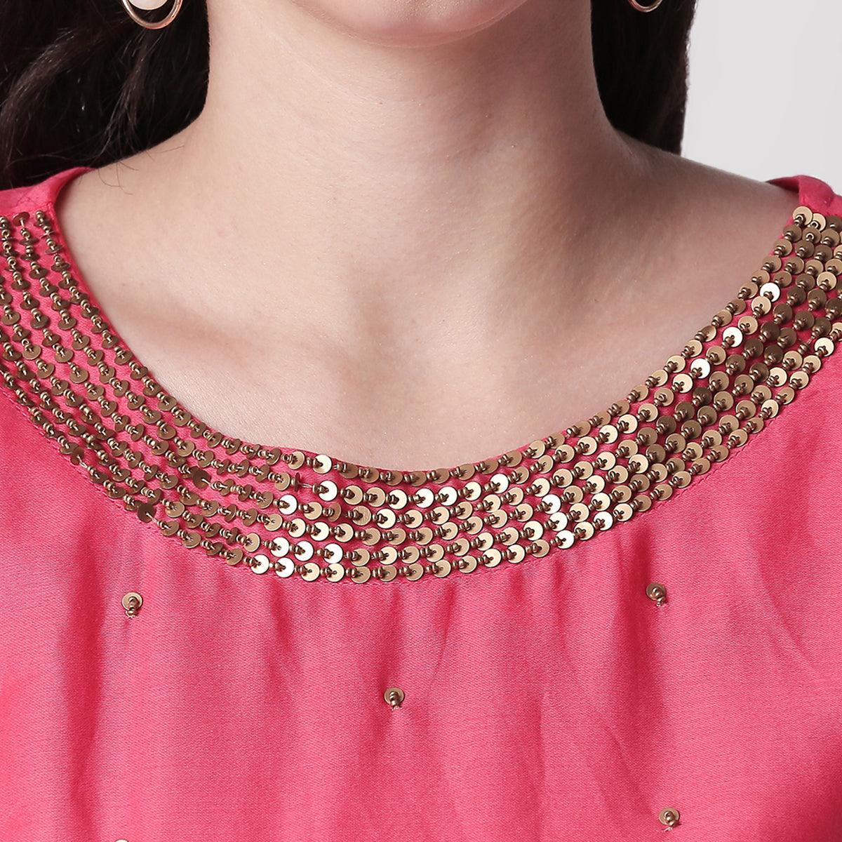 Delightful Red Colored Casual Embroidered Silk Kurti-Sharara Set