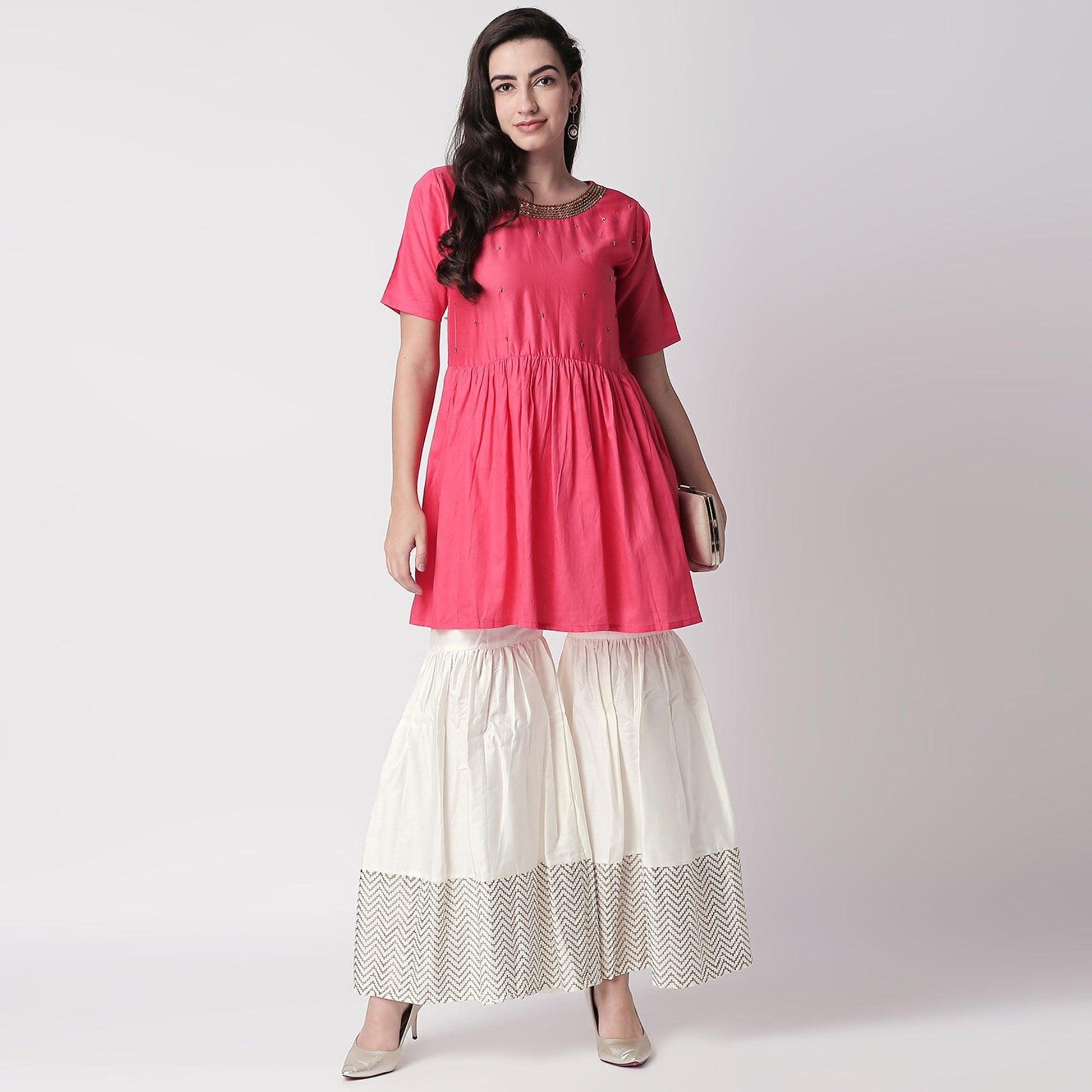 Delightful Red Colored Casual Embroidered Silk Kurti-Sharara Set