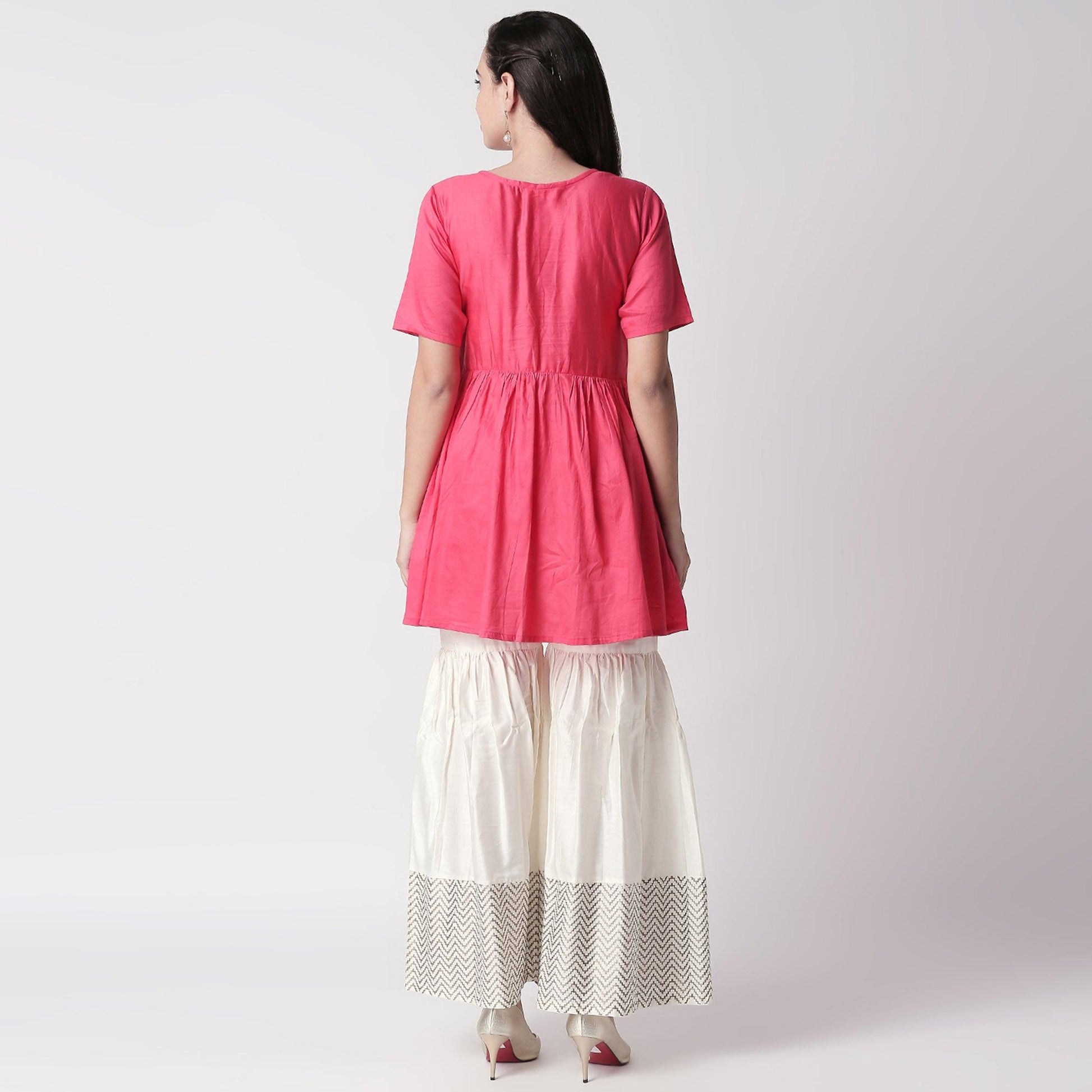 Delightful Red Colored Casual Embroidered Silk Kurti-Sharara Set