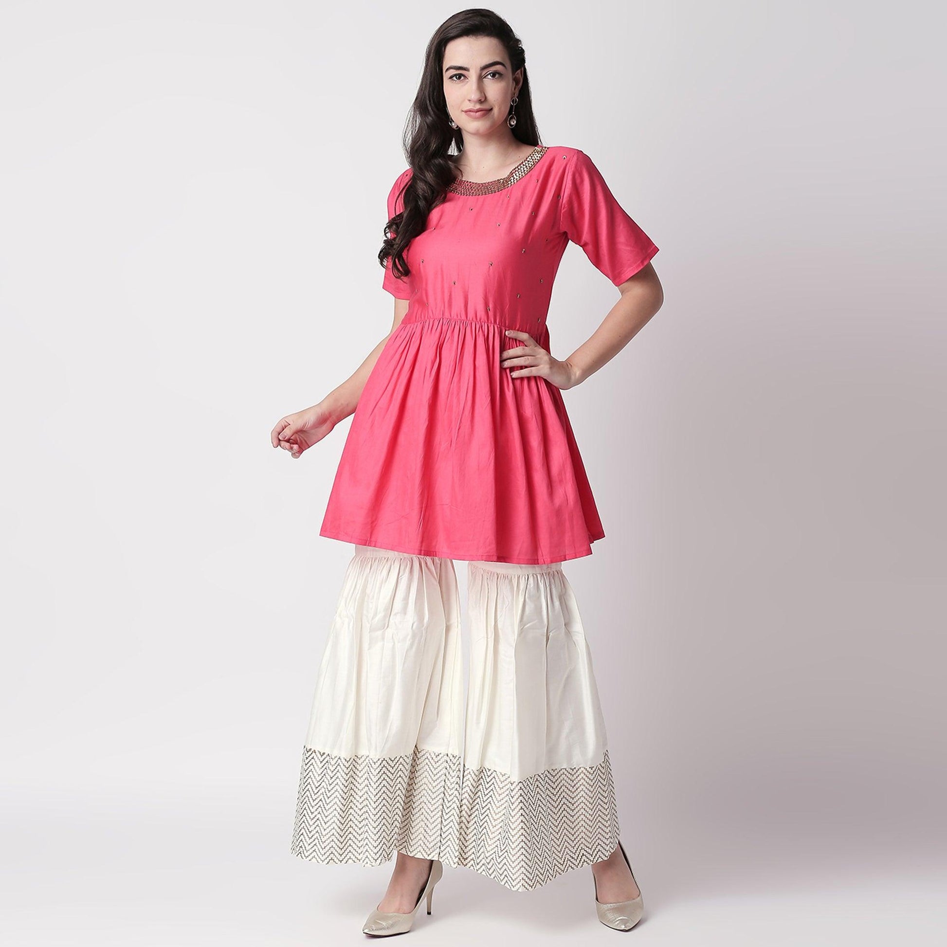 Delightful Red Colored Casual Embroidered Silk Kurti-Sharara Set