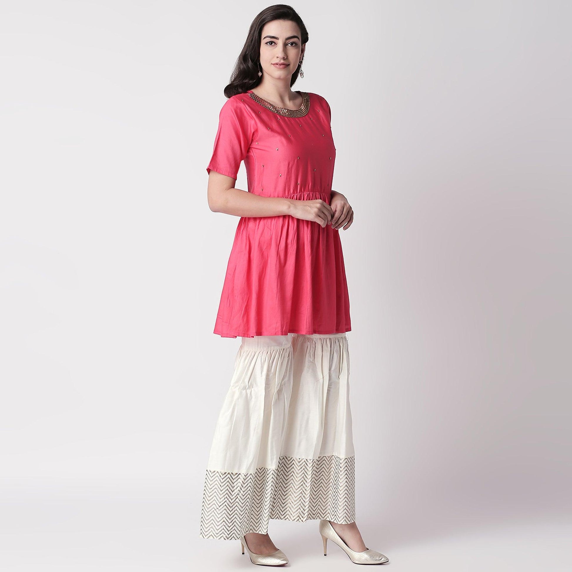 Delightful Red Colored Casual Embroidered Silk Kurti-Sharara Set