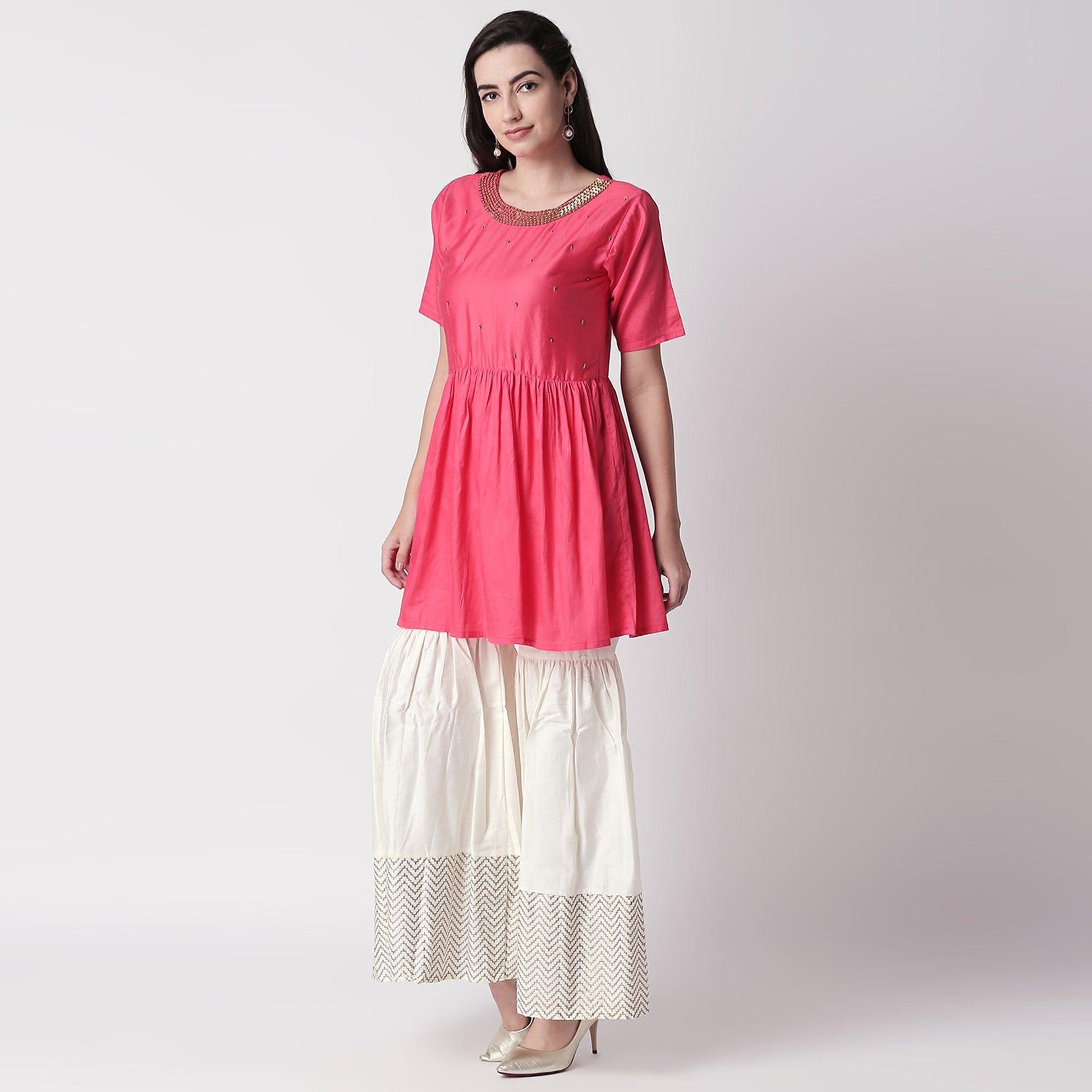 Delightful Red Colored Casual Embroidered Silk Kurti-Sharara Set