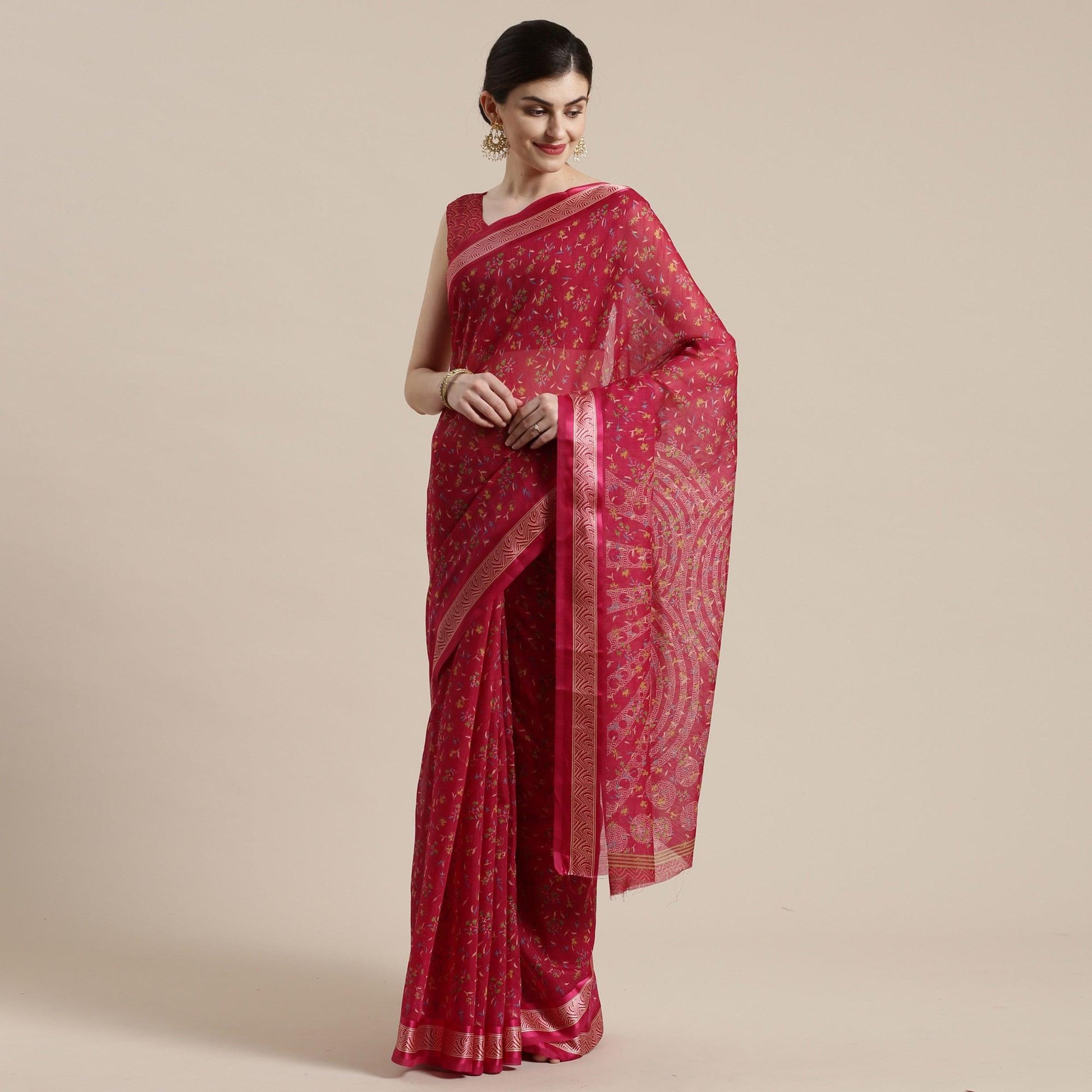 Delightful Red Colored Casual Wear Floral Printed Cotton Silk Saree