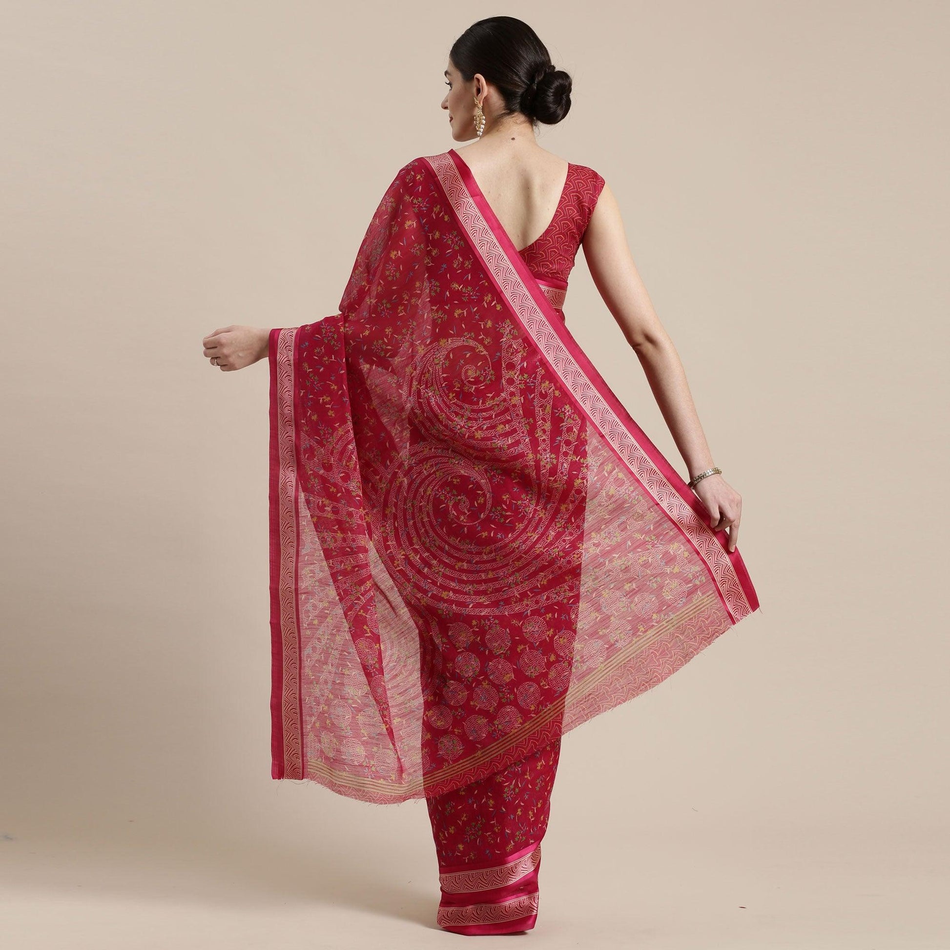 Delightful Red Colored Casual Wear Floral Printed Cotton Silk Saree