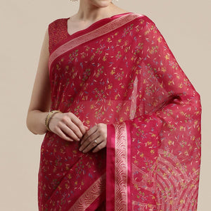 Delightful Red Colored Casual Wear Floral Printed Cotton Silk Saree