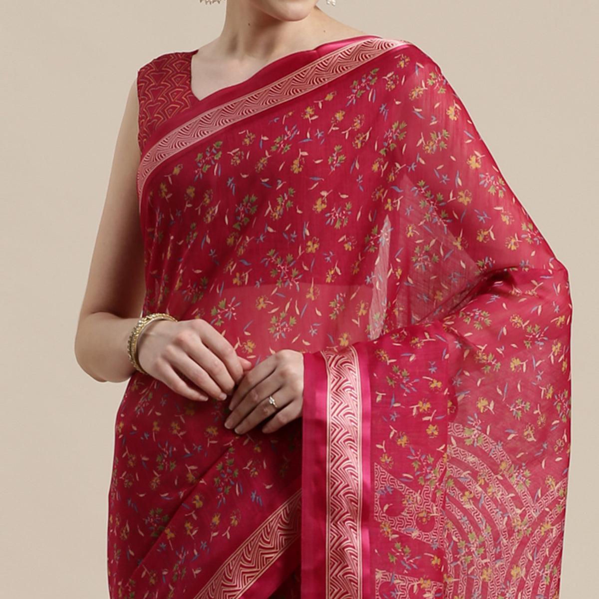 Delightful Red Colored Casual Wear Floral Printed Cotton Silk Saree