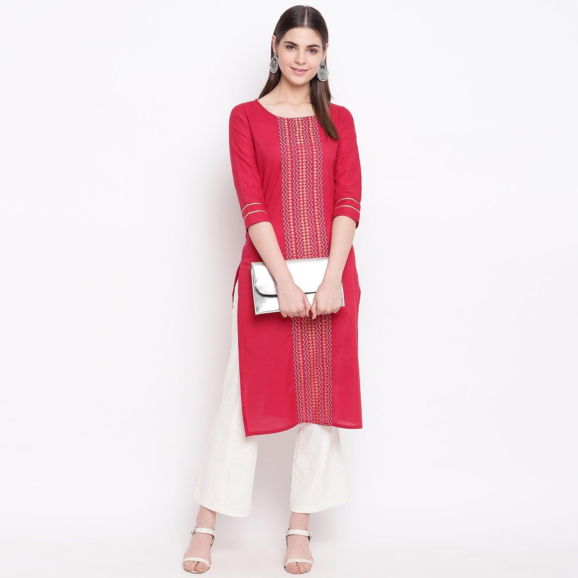 Delightful Red Colored Casual Wear Printed Cotton Kurti