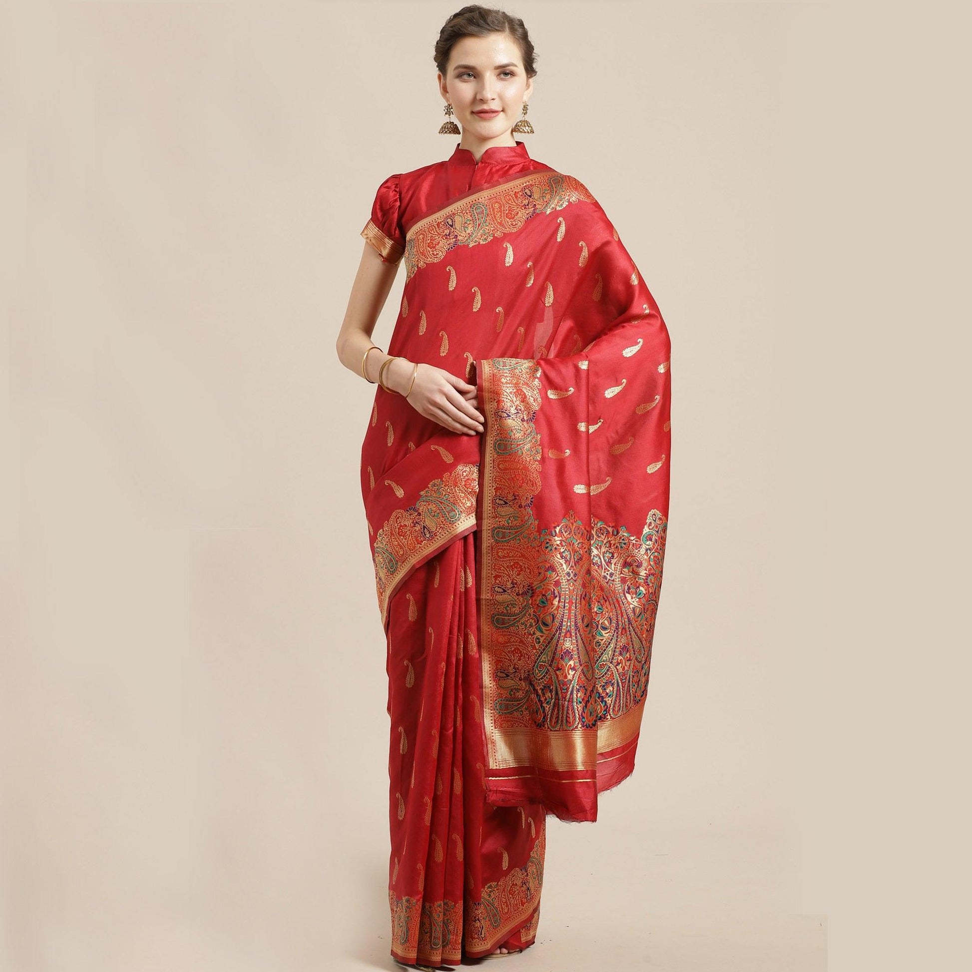 Delightful Red Colored Festive Wear Woven Silk Blend Saree