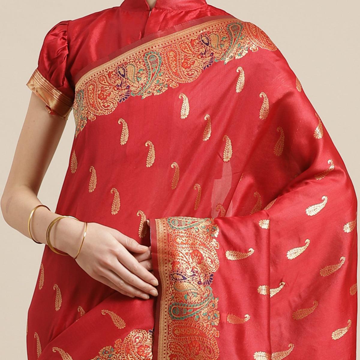 Delightful Red Colored Festive Wear Woven Silk Blend Saree