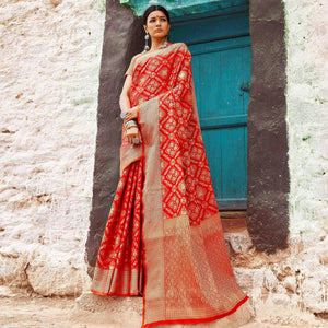 Delightful Red Colored Festive Wear Woven Silk Saree