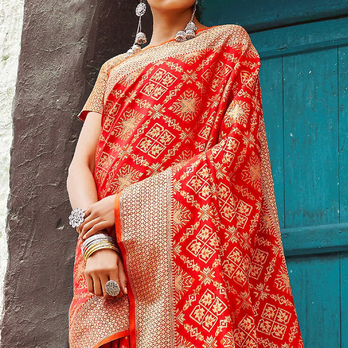 Delightful Red Colored Festive Wear Woven Silk Saree