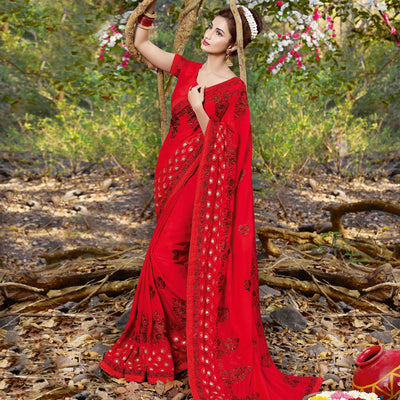 Delightful Red Colored Partywear Embroidered Georgette Saree