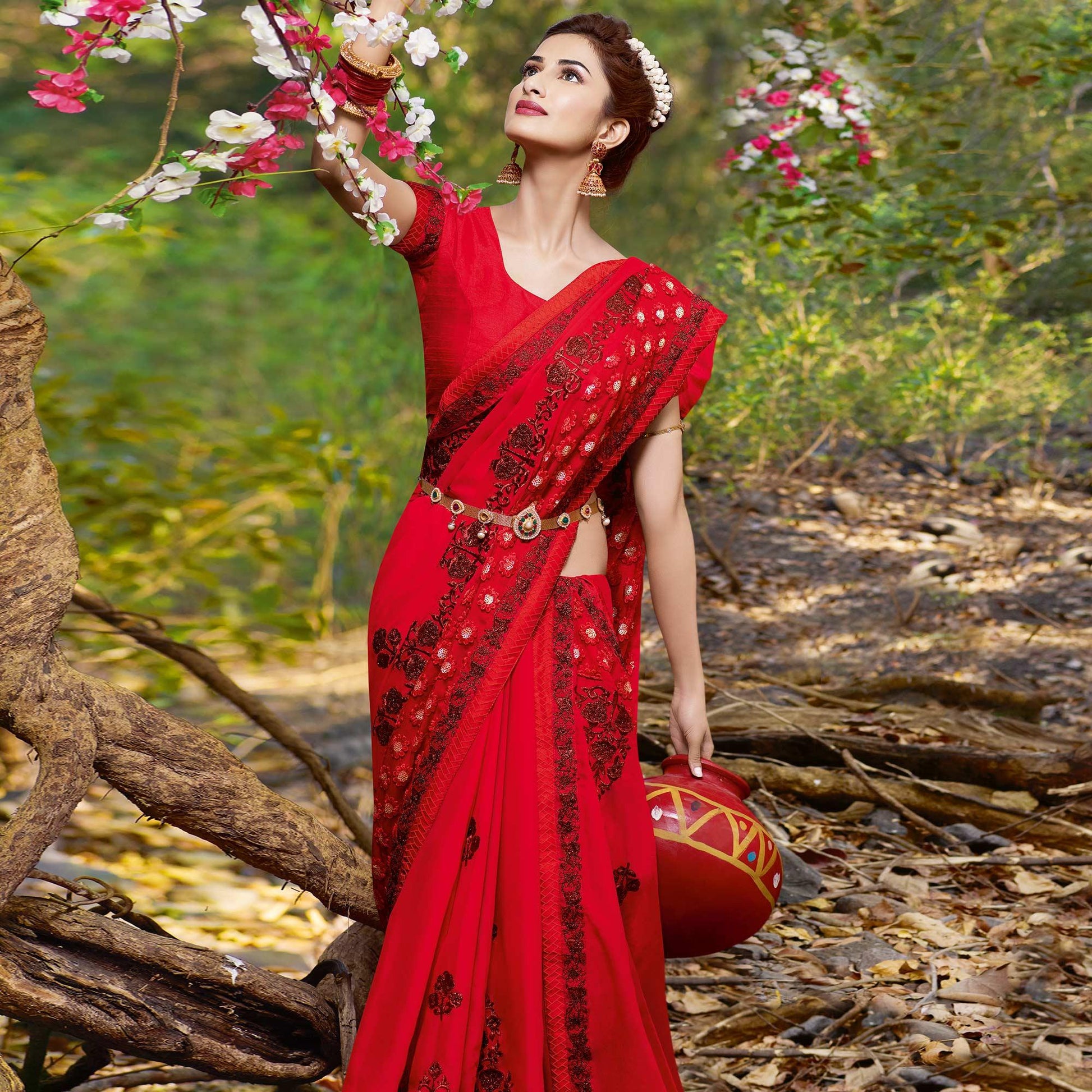 Delightful Red Colored Partywear Embroidered Georgette Saree