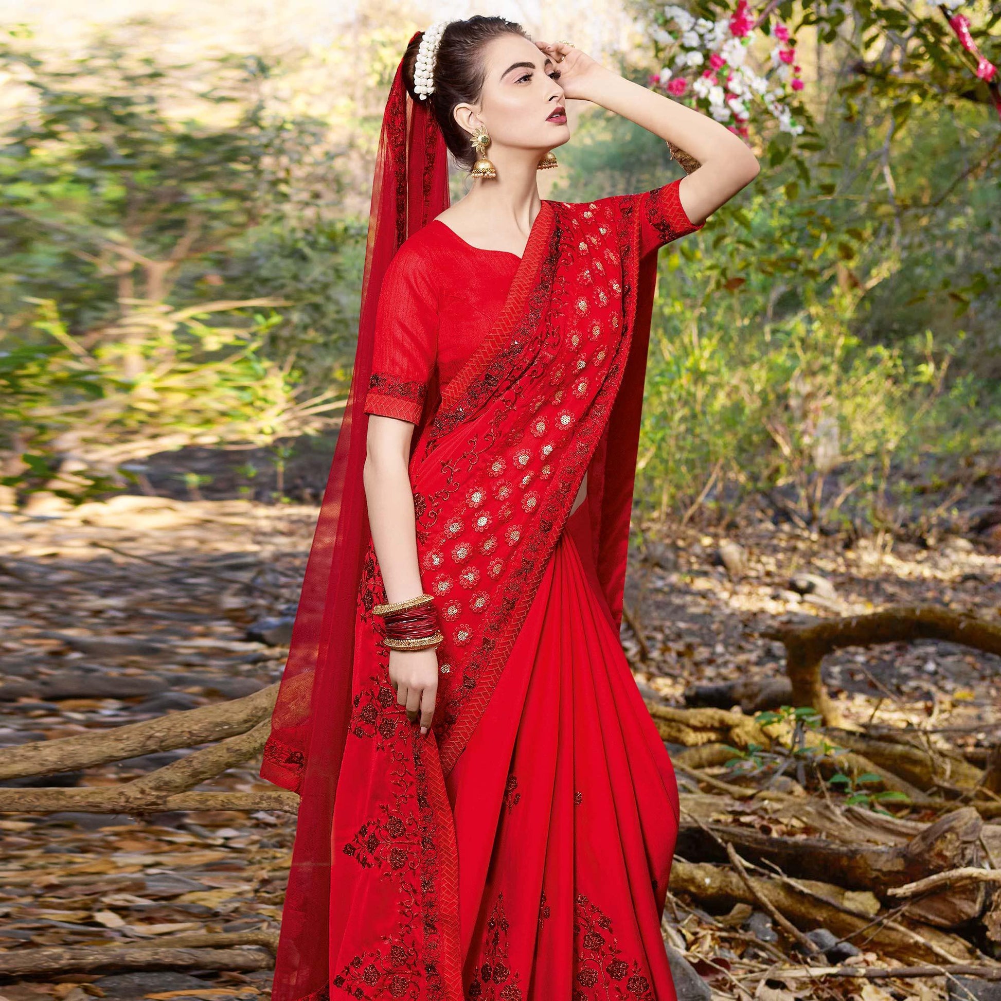 Delightful Red Colored Partywear Embroidered Georgette Saree