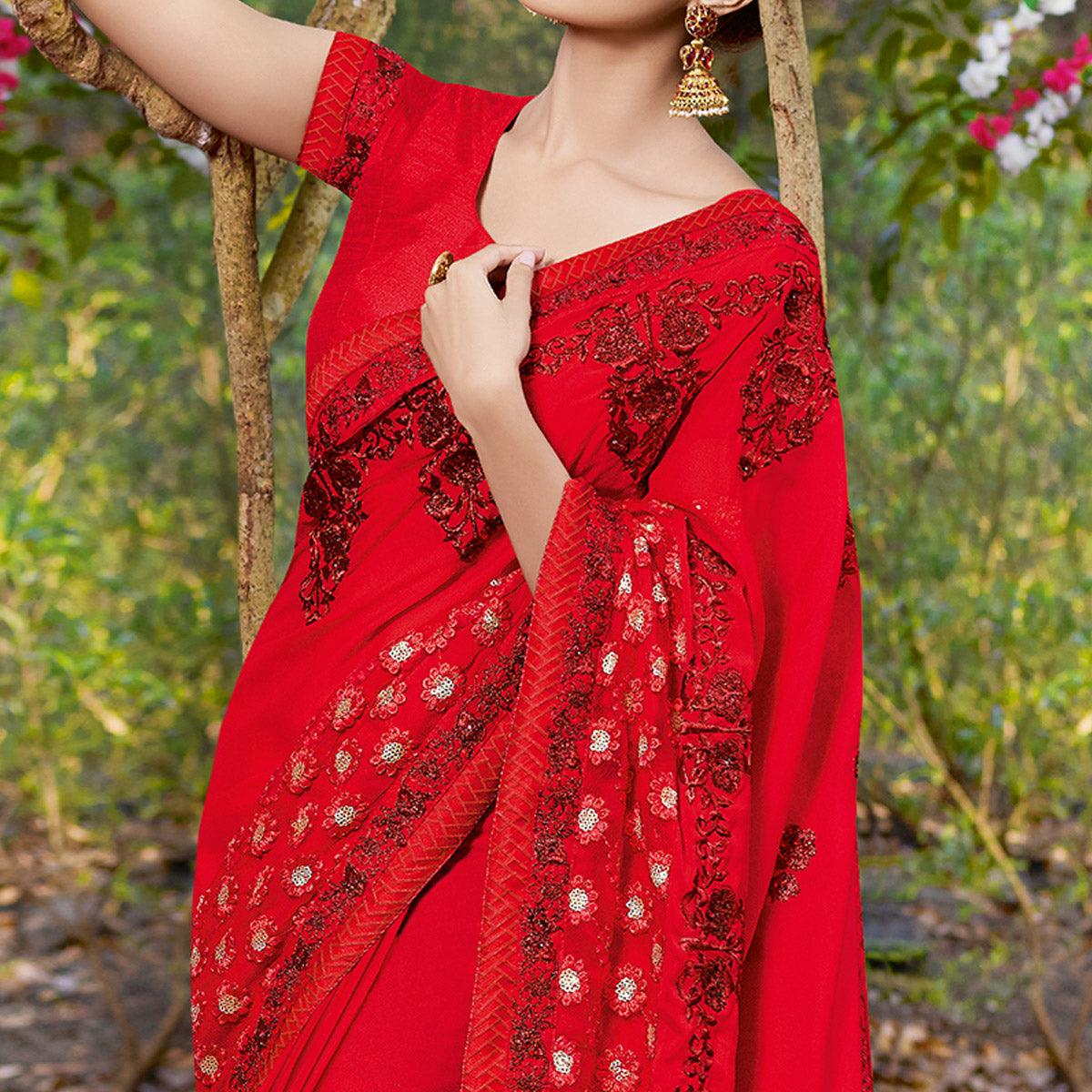 Delightful Red Colored Partywear Embroidered Georgette Saree