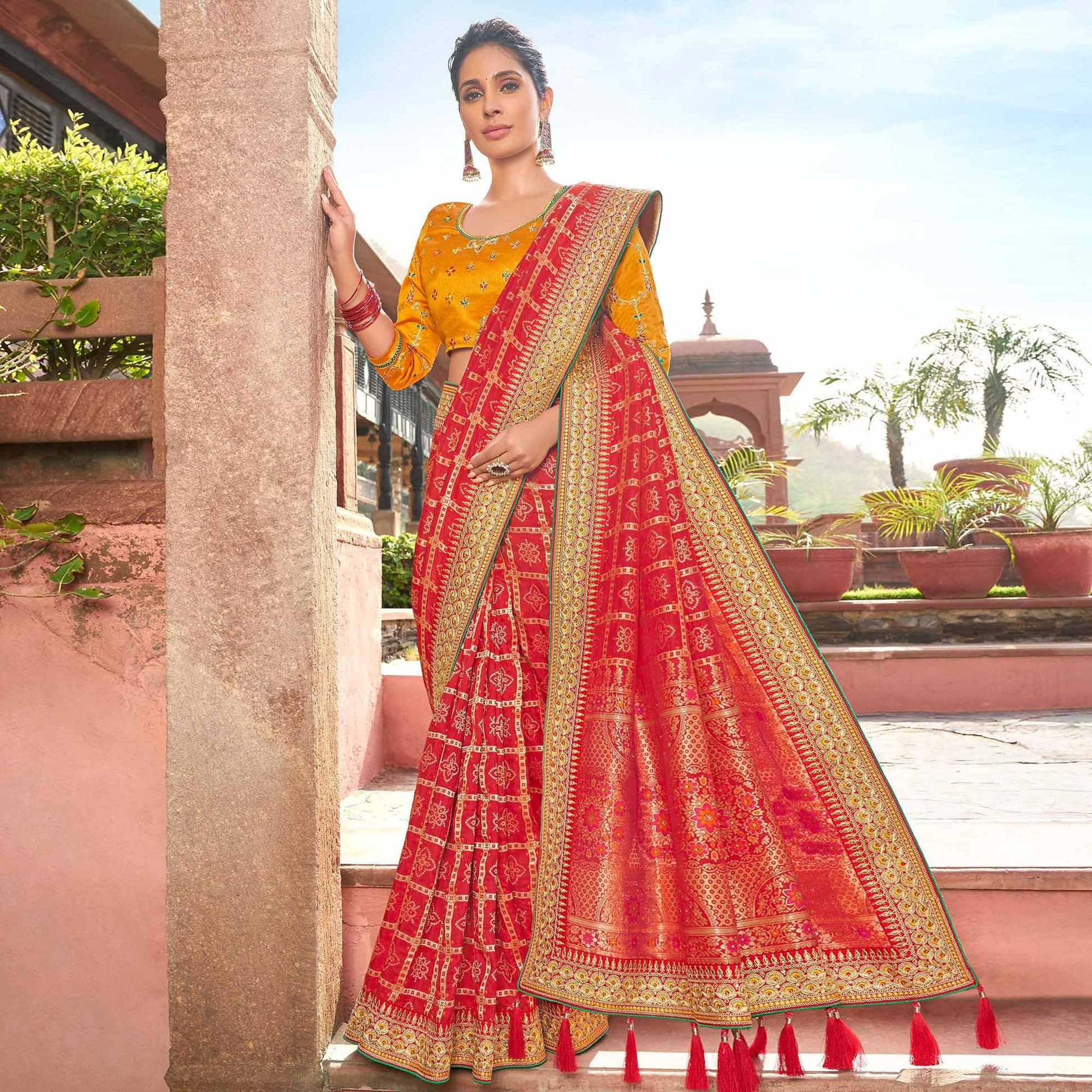 Delightful Red Colored Partywear Embroidered Satin - Gerogette Saree