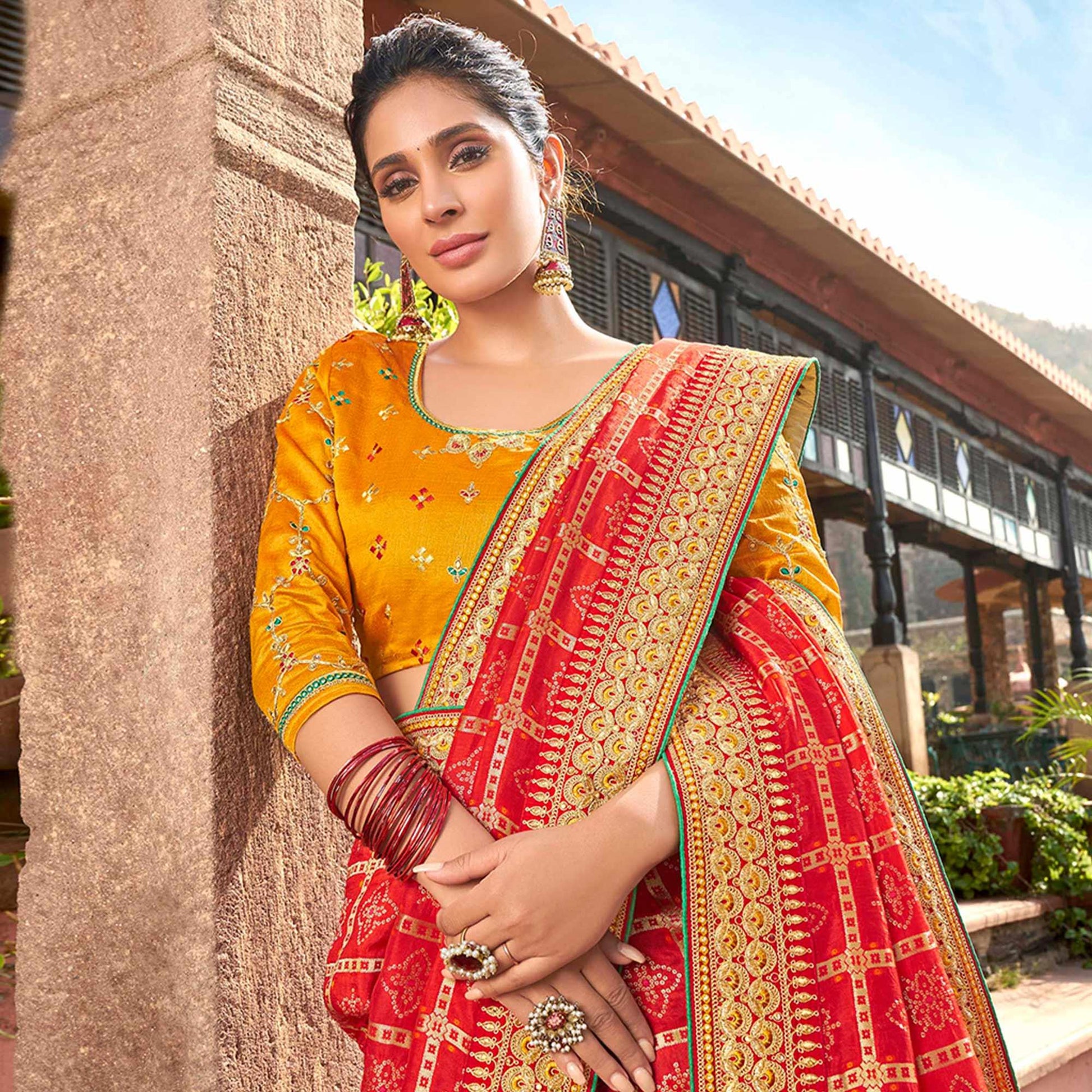 Delightful Red Colored Partywear Embroidered Satin - Gerogette Saree