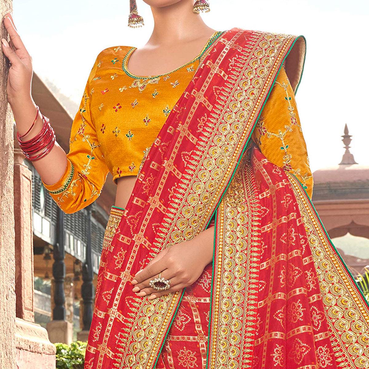 Delightful Red Colored Partywear Embroidered Satin - Gerogette Saree