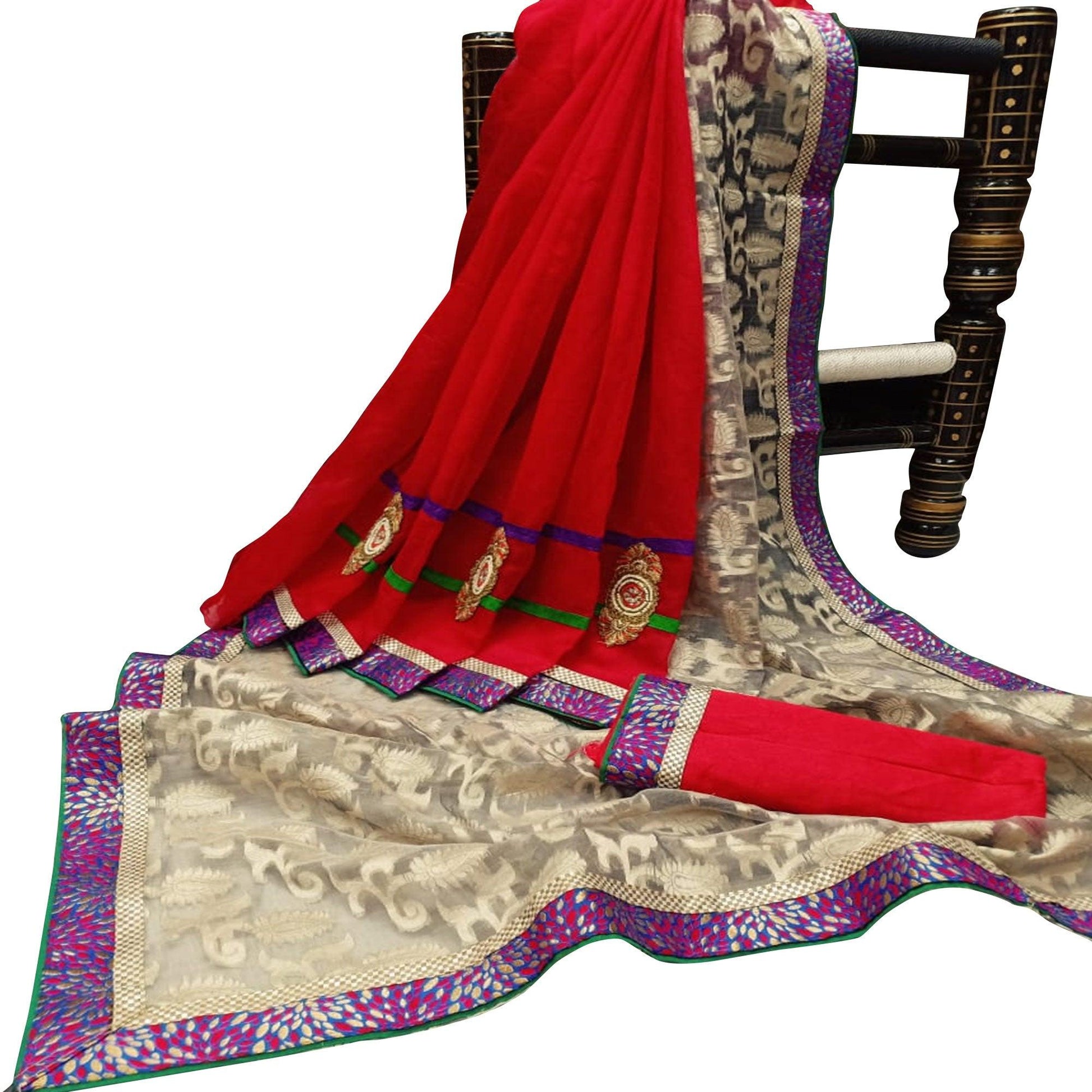 Delightful Red-Offwhite Colored Festive Wear Woven Silk-Jacquard Half-Half Saree