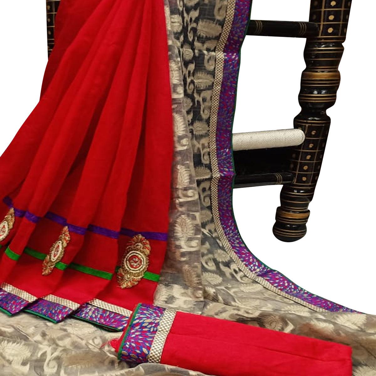 Delightful Red-Offwhite Colored Festive Wear Woven Silk-Jacquard Half-Half Saree