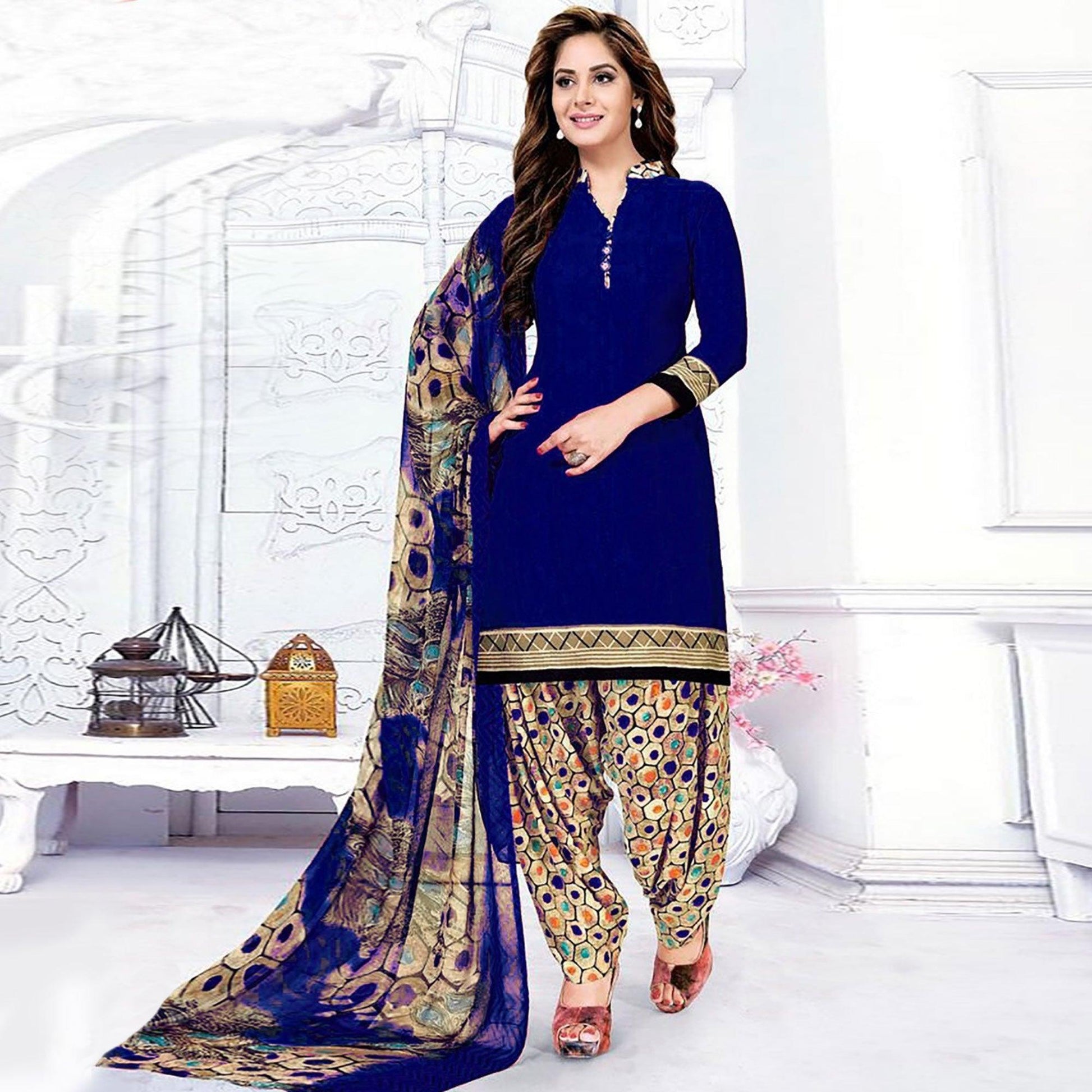Delightful Royal Blue Colored Casual Wear Printed Crepe Salwar Suit