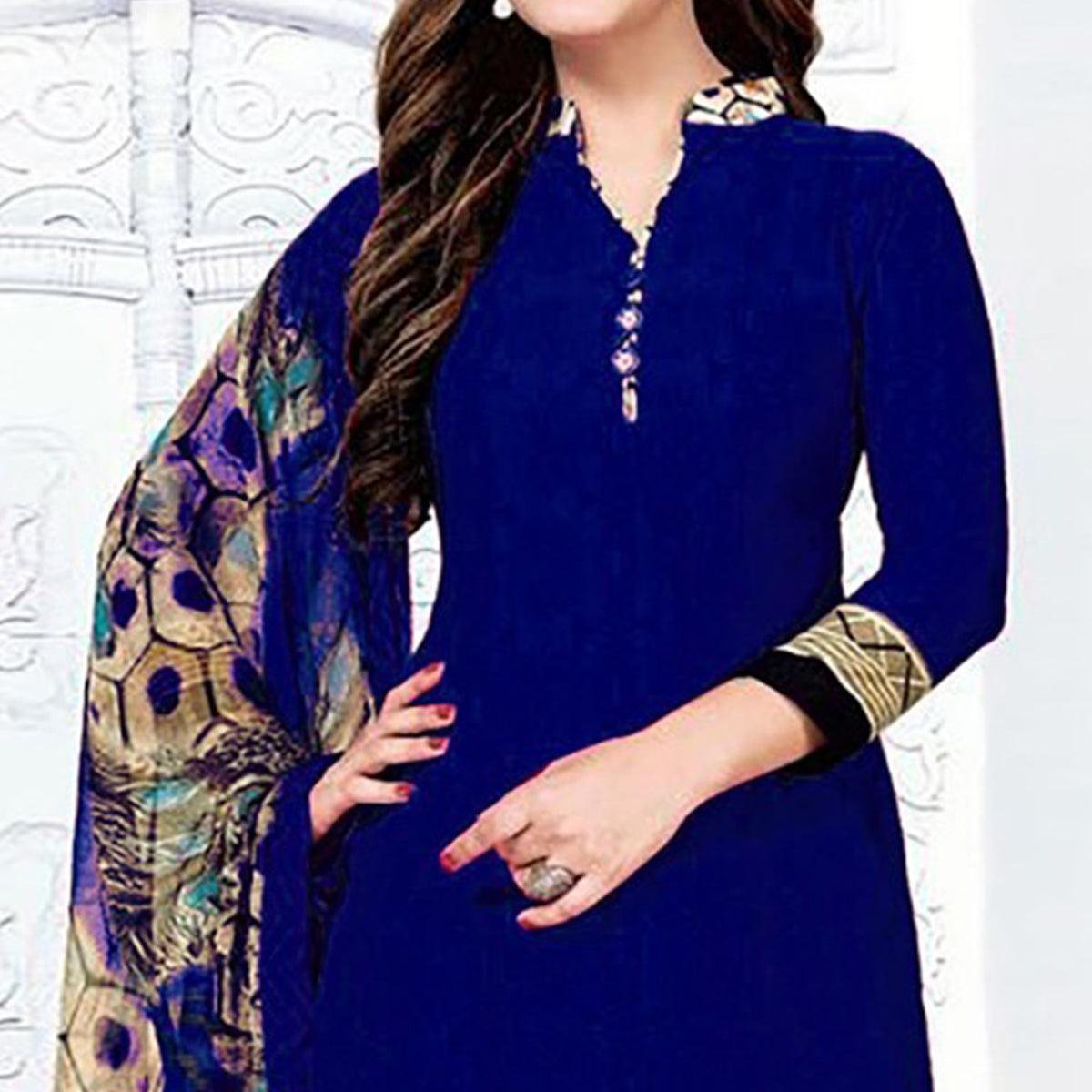 Delightful Royal Blue Colored Casual Wear Printed Crepe Salwar Suit