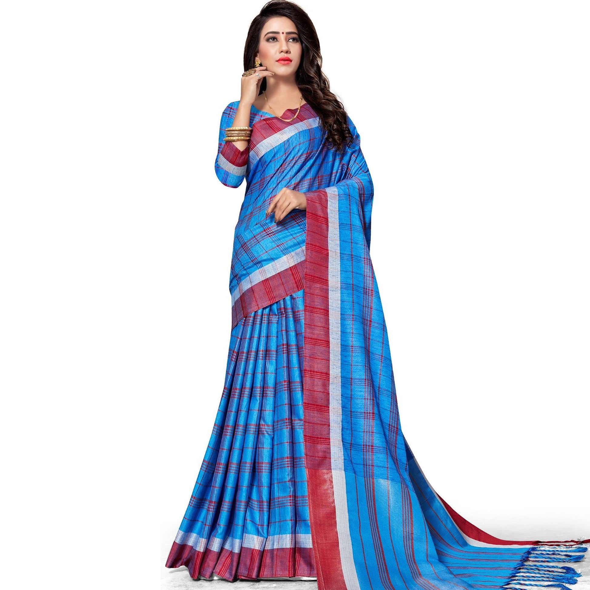 Delightful Royal Blue Colored Fesive Wear Stripe Print Cotton Silk Saree With Tassels