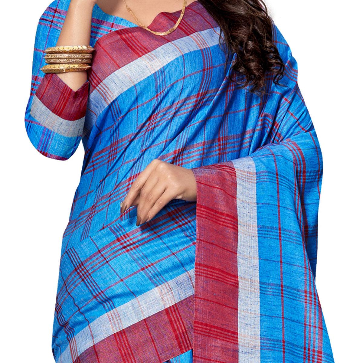 Delightful Royal Blue Colored Fesive Wear Stripe Print Cotton Silk Saree With Tassels