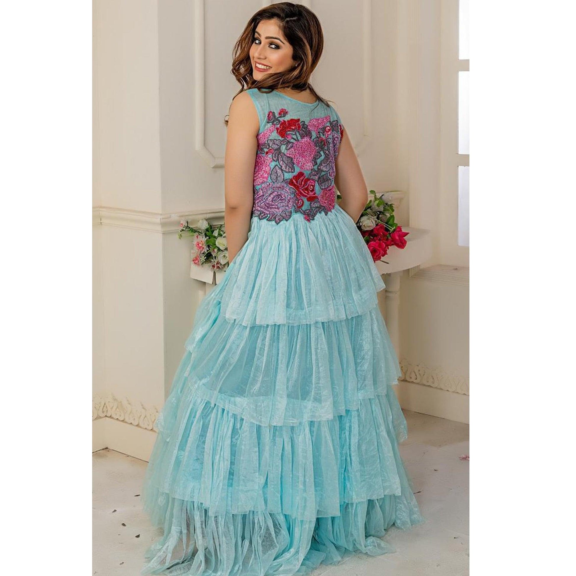 Delightful Sky Blue Colored Party Wear Embroidered Soft Net Anarkali Style Gown