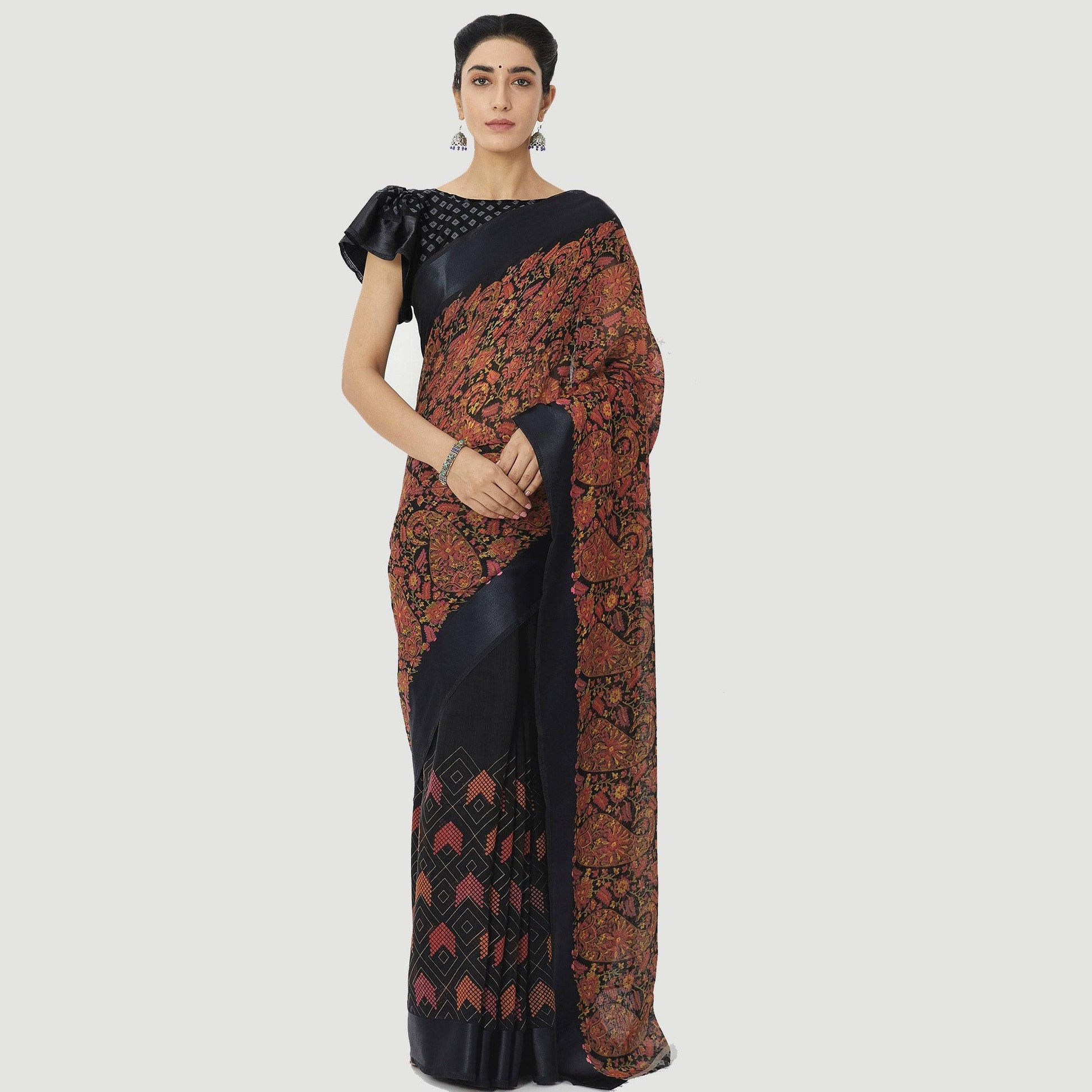 Delightful Teal Blue Colored Casual Wear Floral Printed Linen Cotton Half & Half Saree