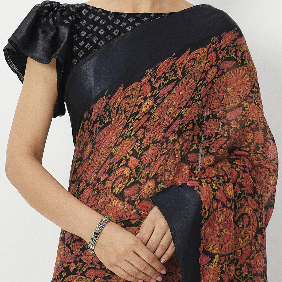 Delightful Teal Blue Colored Casual Wear Floral Printed Linen Cotton Half & Half Saree
