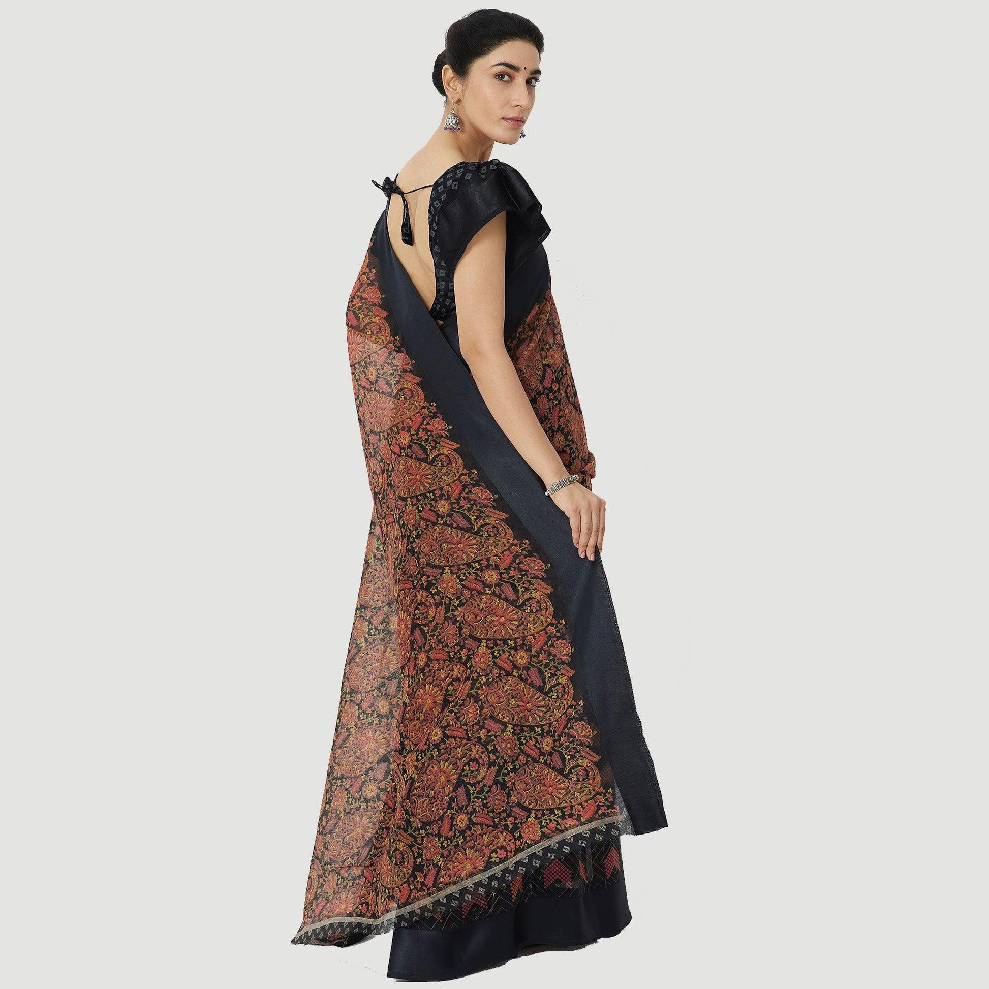 Delightful Teal Blue Colored Casual Wear Floral Printed Linen Cotton Half & Half Saree