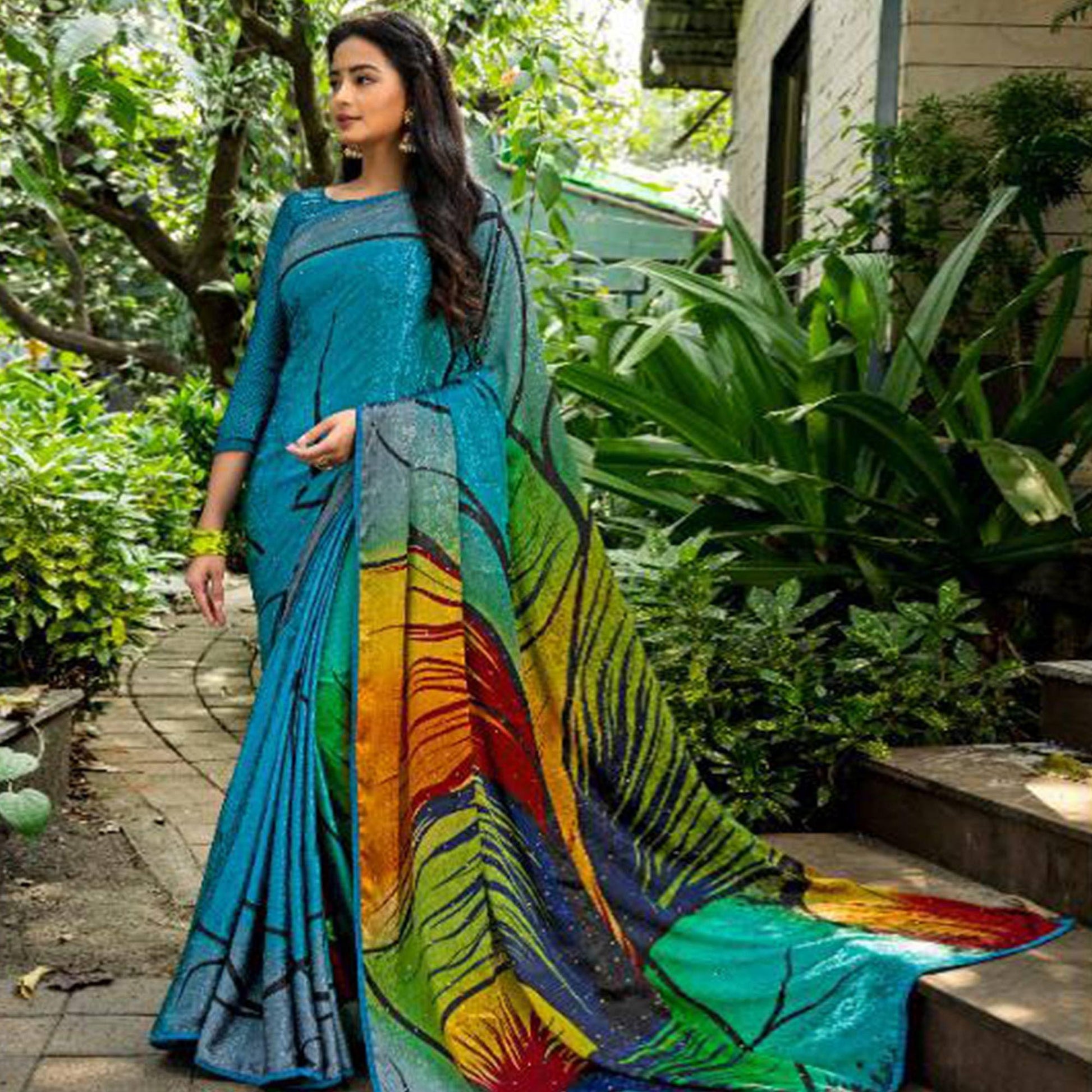 Delightful Turquoise Blue - Multi Colored Partywear Printed Silk Crape Saree