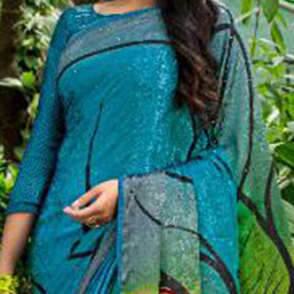 Delightful Turquoise Blue - Multi Colored Partywear Printed Silk Crape Saree