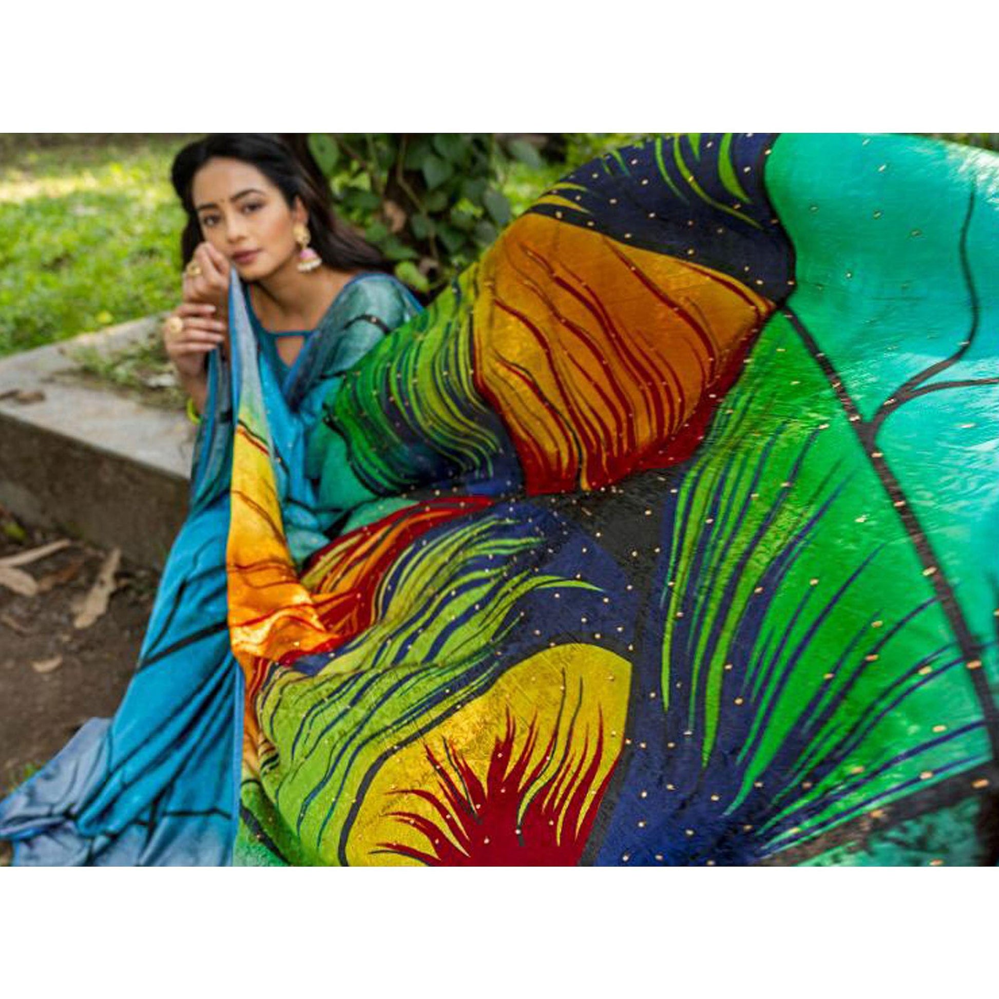 Delightful Turquoise Blue - Multi Colored Partywear Printed Silk Crape Saree