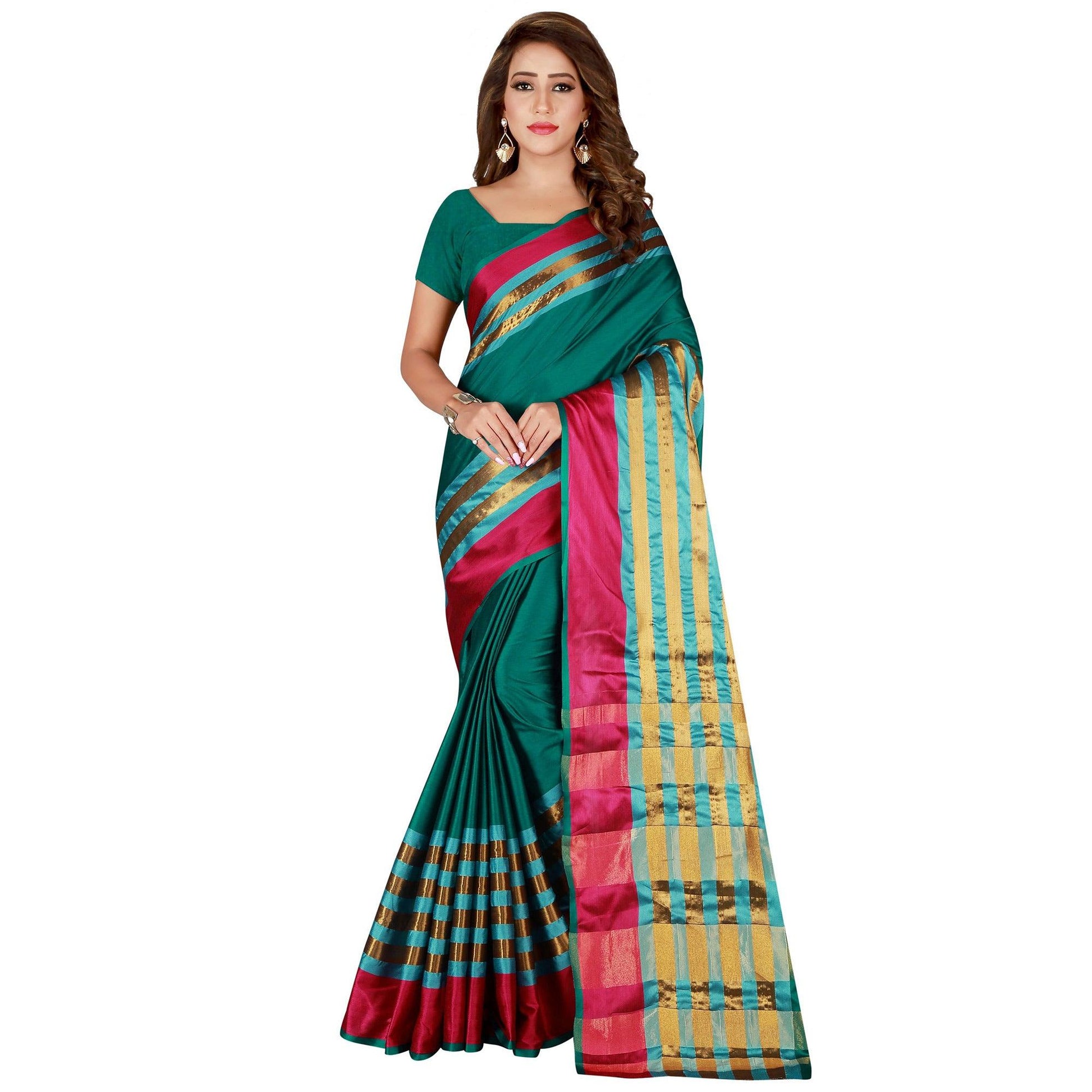 Delightful Turquoise Green Colored Casual Wear Cotton Saree
