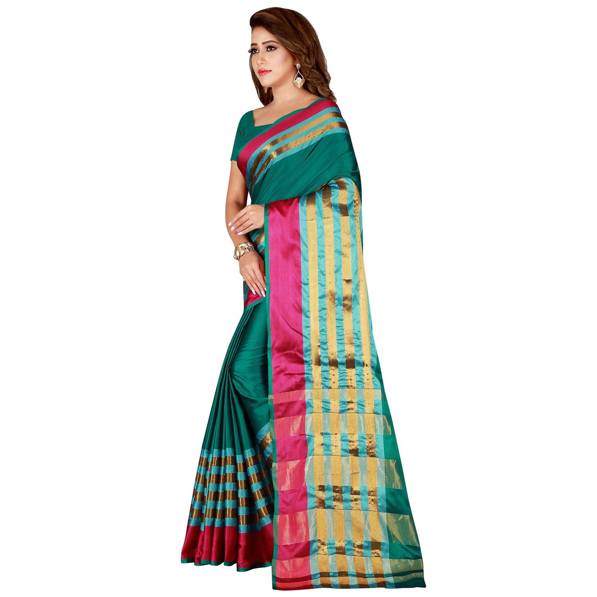 Delightful Turquoise Green Colored Casual Wear Cotton Saree
